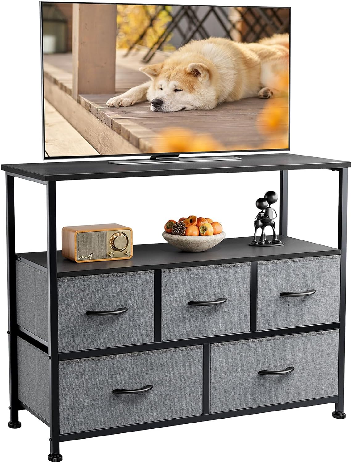 DUMOS TV Stand Dresser for Bedroom Entertainment Center with 5 Fabric Drawers Storage Organizers Units, Media Console Table with Open Shelf up for 45" Television for Living Room, Dorm, Classic Black - Grand Goldman