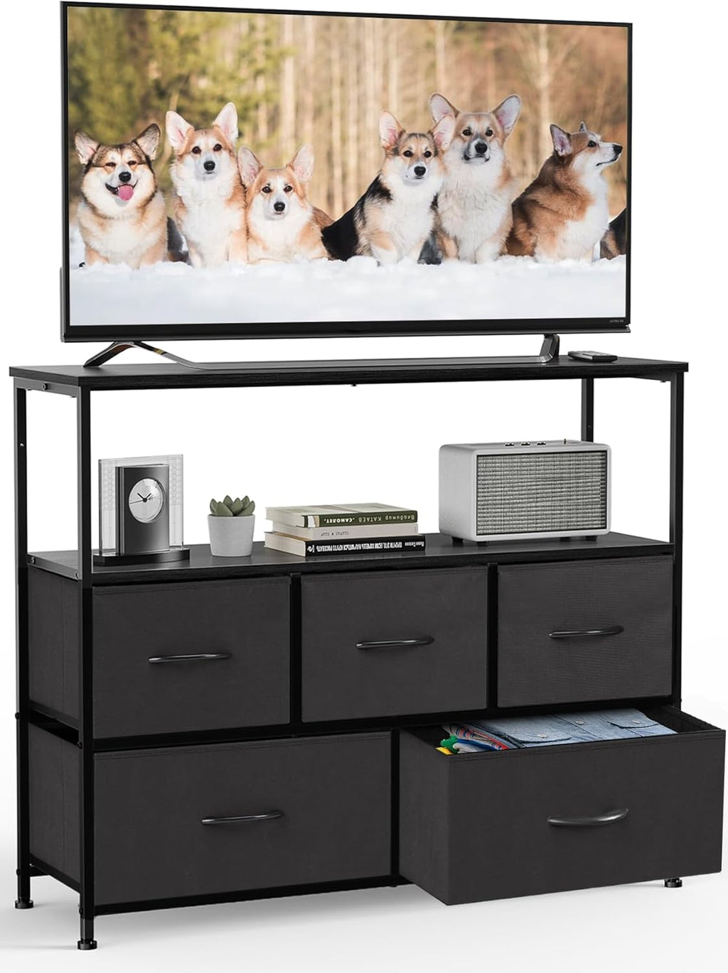 DUMOS TV Stand Dresser for Bedroom Entertainment Center with 5 Fabric Drawers Storage Organizers Units, Media Console Table with Open Shelf up for 45" Television for Living Room, Dorm, Classic Black - Grand Goldman