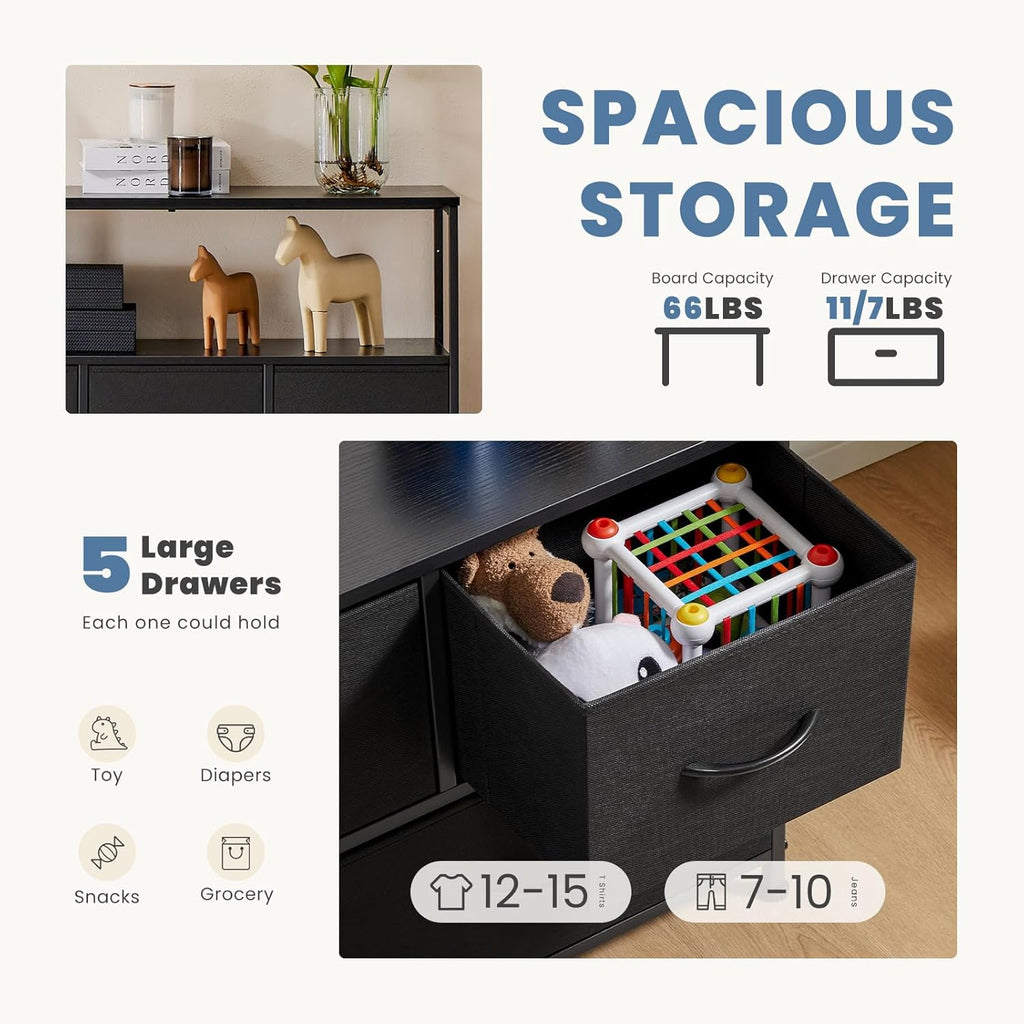 DUMOS TV Stand Dresser for Bedroom Entertainment Center with 5 Fabric Drawers Storage Organizers Units, Media Console Table with Open Shelf up for 45" Television for Living Room, Dorm, Classic Black - Grand Goldman