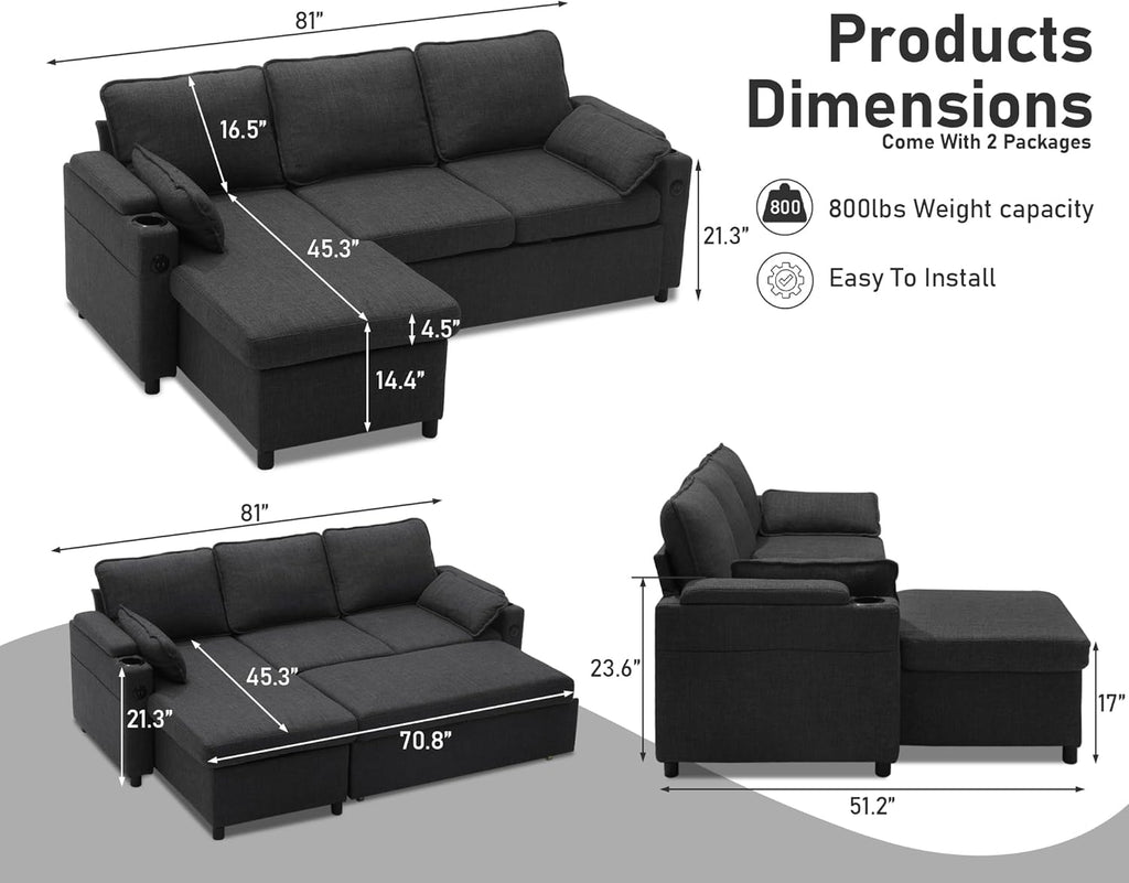 DURASPACE Sofa Bed Sleeper Pull Out 2 in 1 Sectional Sleeper Sofa Couches with Storage,USB, Cup Holder,Pullout Sectional Couches for Apartment Living Room (Dark Gray) - Grand Goldman