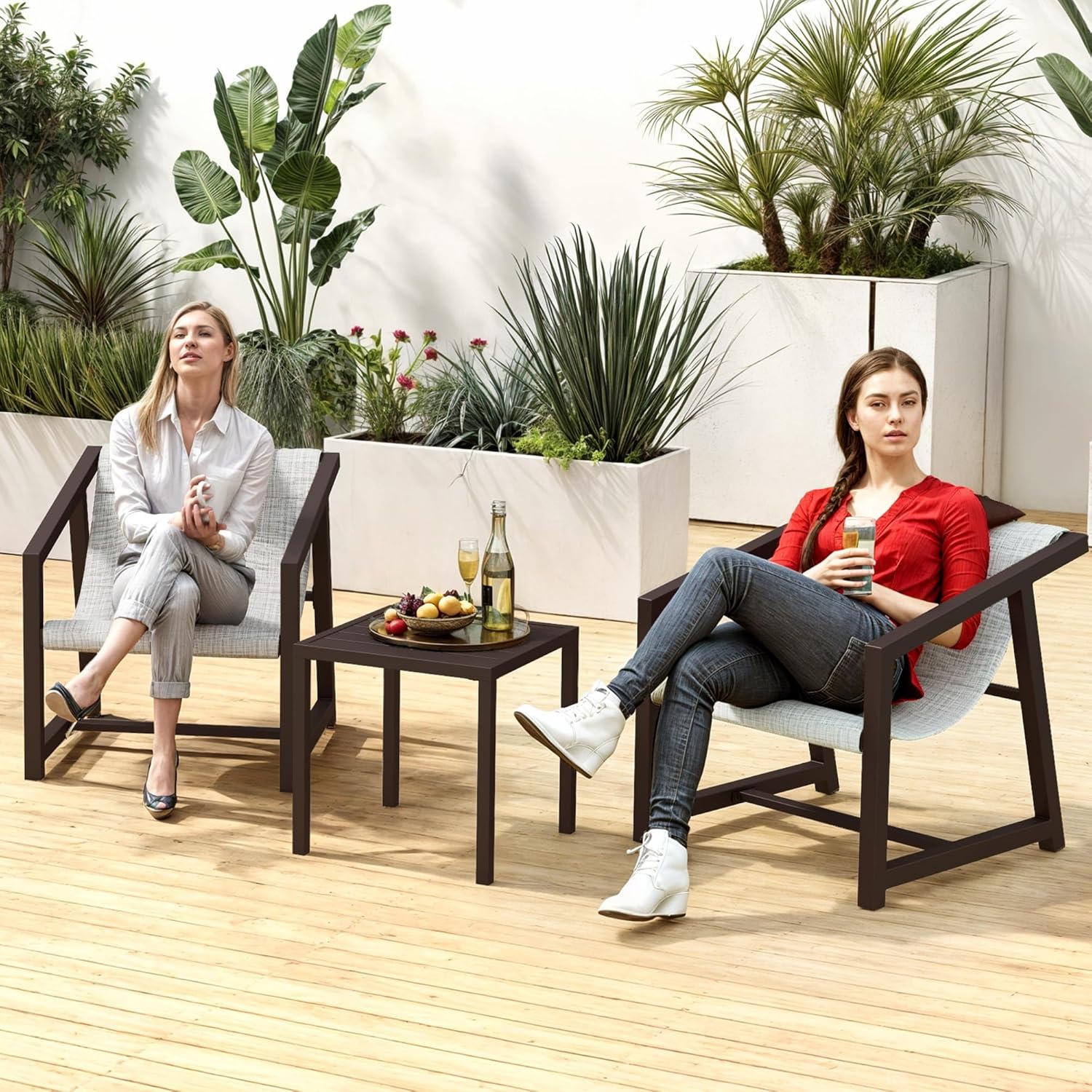 DWVO 3 Pieces Patio Conversation Bistro Set, Textile Patio Furniture Set with Side Table & Headrest Pillows, Outdoor Sectional Sofa for Patio, Balcony, Backyard, Garden, Poolside - Grand Goldman