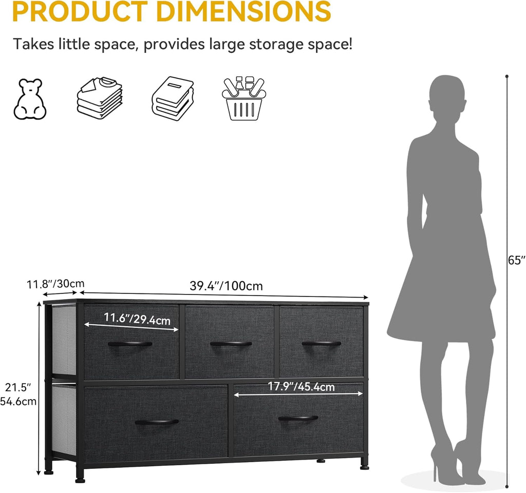 DWVO 5 Dresser for Bedroom, Fabric Dresser with 5 Drawers, Chest of Drawers for Closet, Black Dresser & Chest of Drawers - Grand Goldman
