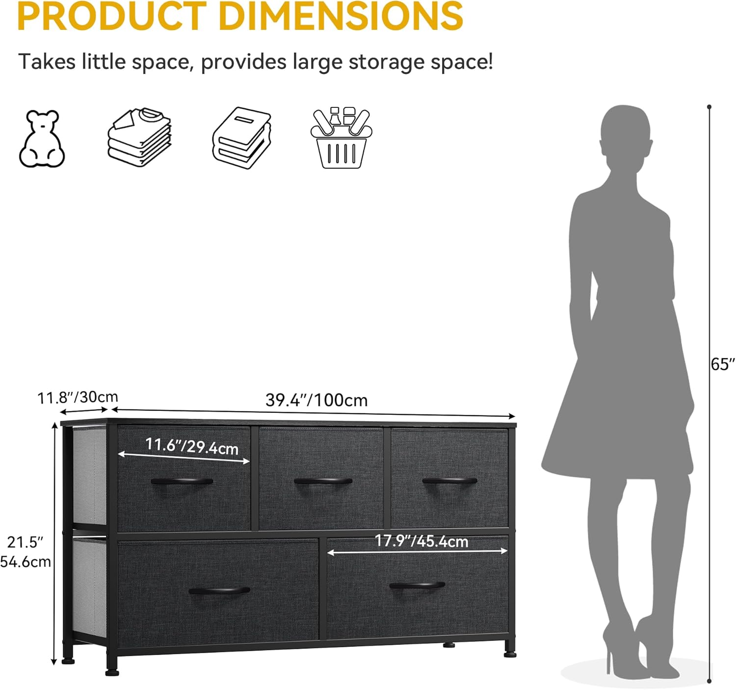 DWVO 5 Dresser for Bedroom, Fabric Dresser with 5 Drawers, Chest of Drawers for Closet, Black Dresser & Chest of Drawers - Grand Goldman
