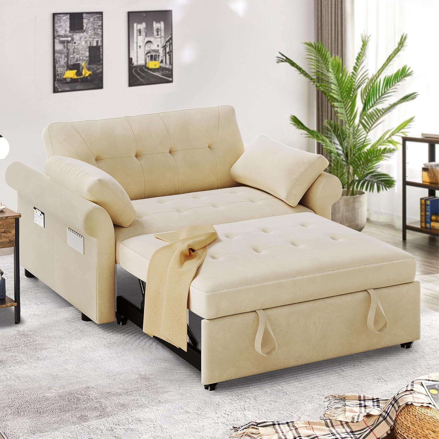 DWVO Sleeper Sofa Bed 3-in-1 Convertible Couch with Pullout Bed, 55'' Loveseat Sleeper Sofa Bed with Reclining Backrest with 2 Pillows and Storage Bag for Living Room, Bedroom, Apartment, Grey - Grand Goldman