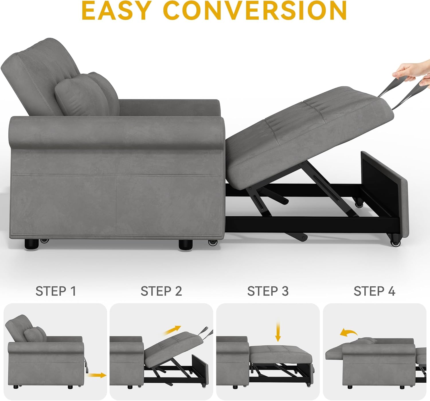 DWVO Sleeper Sofa Bed 3-in-1 Convertible Couch with Pullout Bed, 55'' Loveseat Sleeper Sofa Bed with Reclining Backrest with 2 Pillows and Storage Bag for Living Room, Bedroom, Apartment, Grey - Grand Goldman