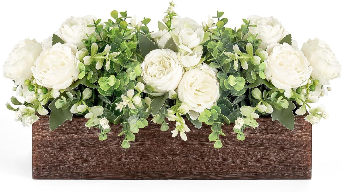 Dahey Centerpiece Table Decorations for Dining Room Farmhouse Living Room Table Centerpieces Decor Wood Tray with 3 Artificial Flowers and 2 Eucalyptus for Kitchen Table, 14.1" x 4.7" x 3.1" - Grand Goldman