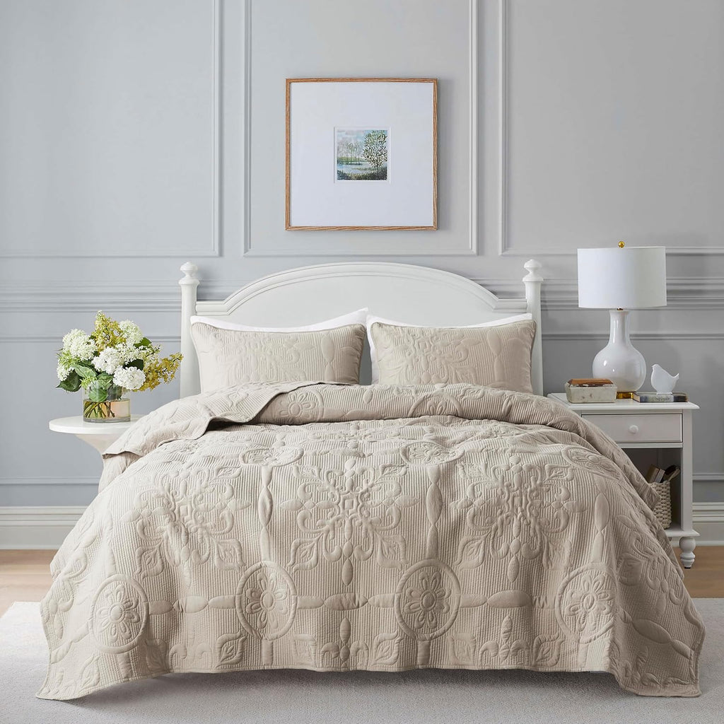 Damask Quilt Twin Size Bedding Sets with Pillow Sham, Boho Lightweight Soft Bedspread Coverlet, Beige Quilted Blanket Thin Comforter Bed Cover for All Season Spring Summer, 2 Pieces, 68x90 inches - Grand Goldman