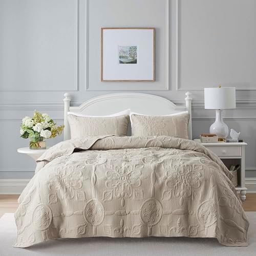 Damask Quilt Twin Size Bedding Sets with Pillow Sham, Boho Lightweight Soft Bedspread Coverlet, Beige Quilted Blanket Thin Comforter Bed Cover for All Season Spring Summer, 2 Pieces, 68x90 inches - Grand Goldman