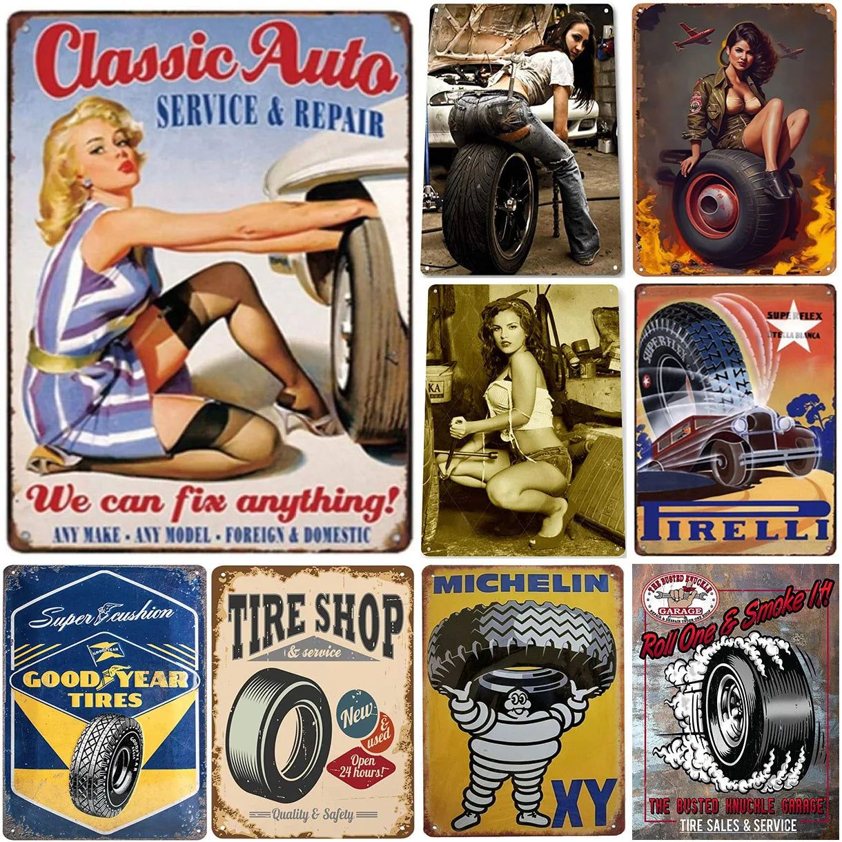 Decor Vintage Metal Signs Tin Sign Tire Shop Service Repair Funny Poster Decor for Garage Bar Pub Club Man Cave Wall Decoration - Grand Goldman