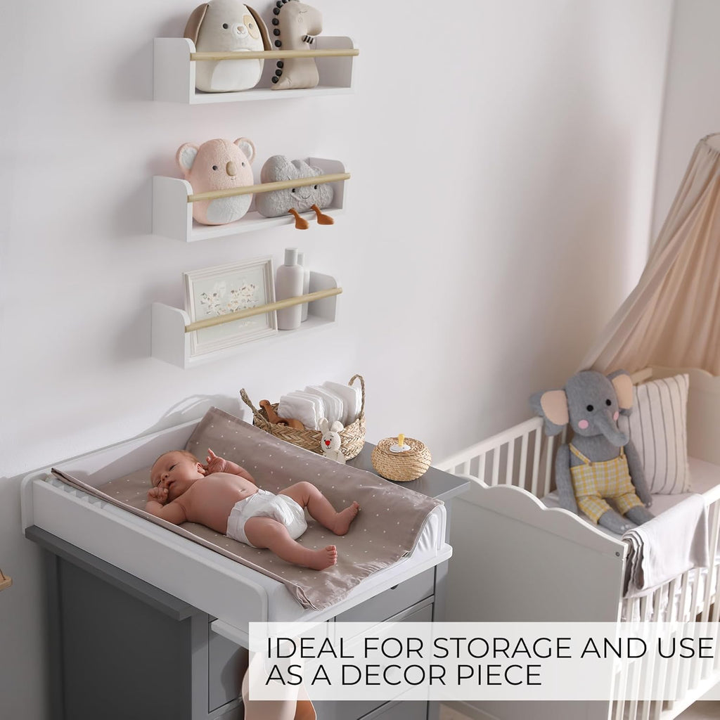 Decorative Nursery Bookshelves for Kids - Set of 3 Easy to Install Floating Shelves for Wall Mount - Beautiful Hanging Organizer Furniture for Your Baby Boy or Girl's Bedroom and Play Room Decor - Grand Goldman