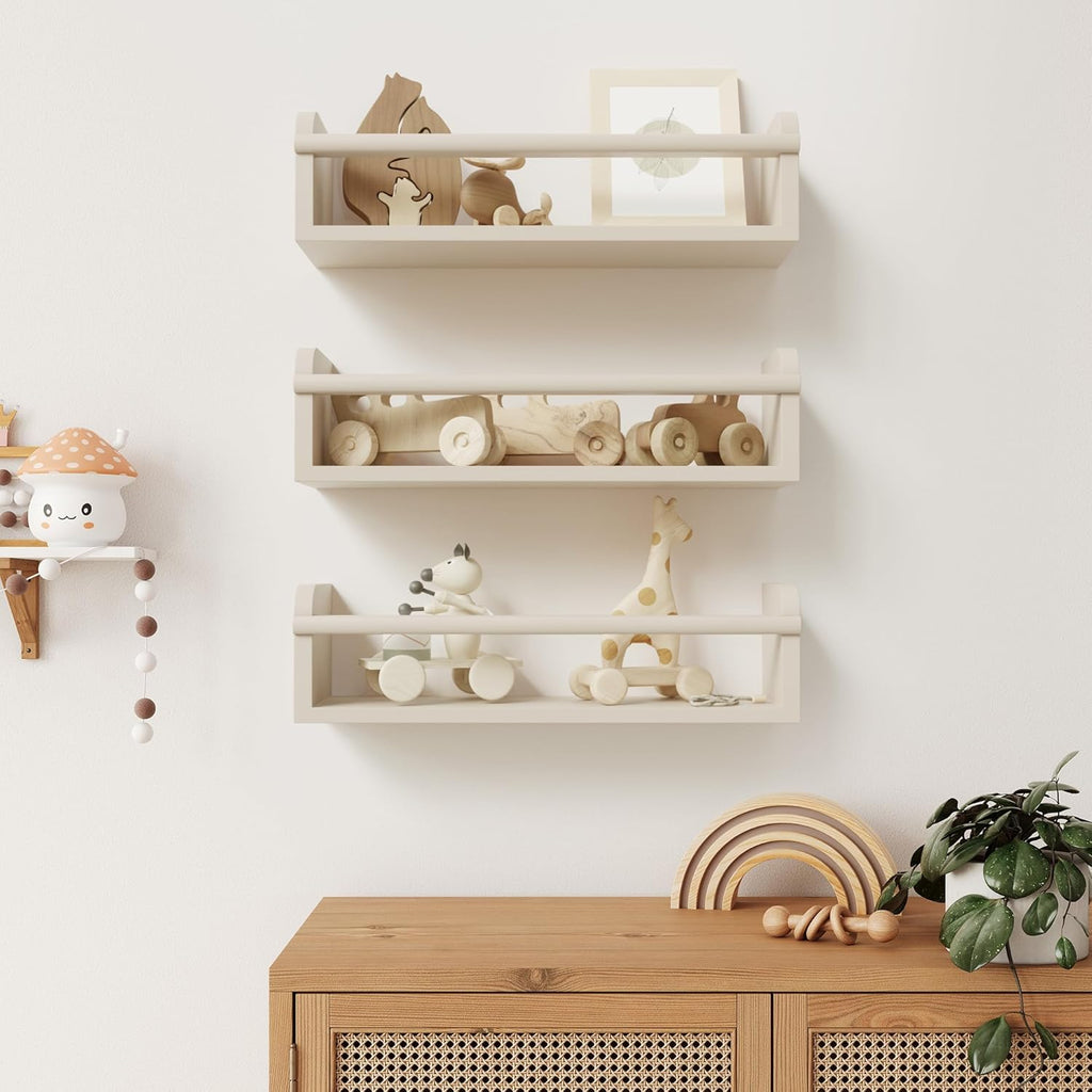 Decorative Nursery Bookshelves for Kids - Set of 3 Easy to Install Floating Shelves for Wall Mount - Beautiful Hanging Organizer Furniture for Your Baby Boy or Girl's Bedroom and Play Room Decor - Grand Goldman