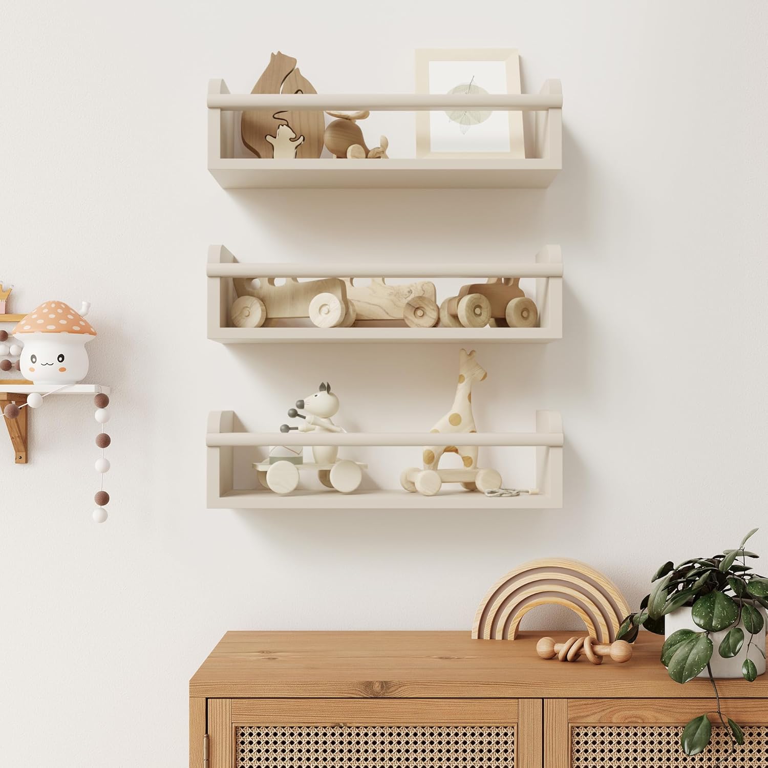 Decorative Nursery Bookshelves for Kids - Set of 3 Easy to Install Floating Shelves for Wall Mount - Beautiful Hanging Organizer Furniture for Your Baby Boy or Girl's Bedroom and Play Room Decor - Grand Goldman