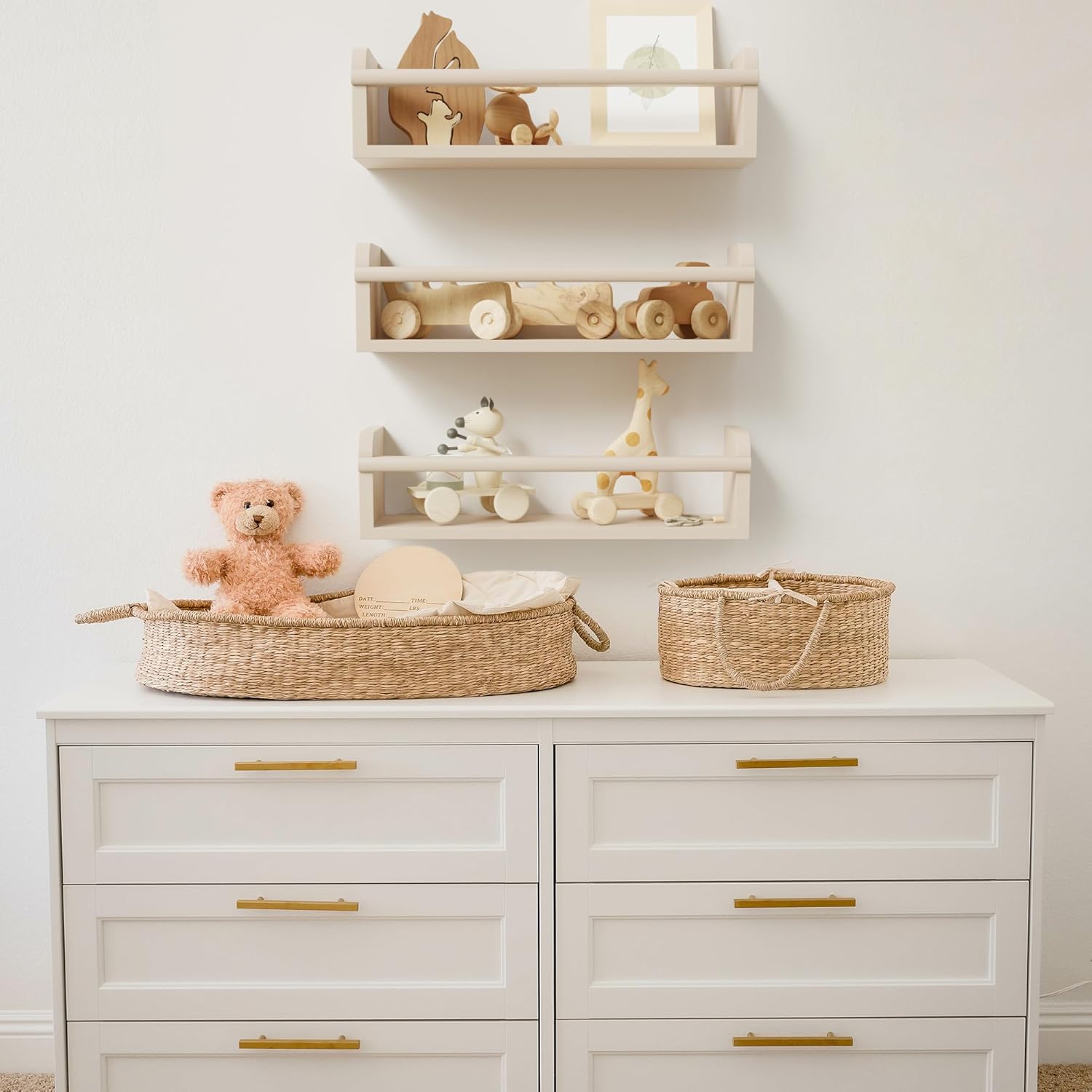 Decorative Nursery Bookshelves for Kids - Set of 3 Easy to Install Floating Shelves for Wall Mount - Beautiful Hanging Organizer Furniture for Your Baby Boy or Girl's Bedroom and Play Room Decor - Grand Goldman