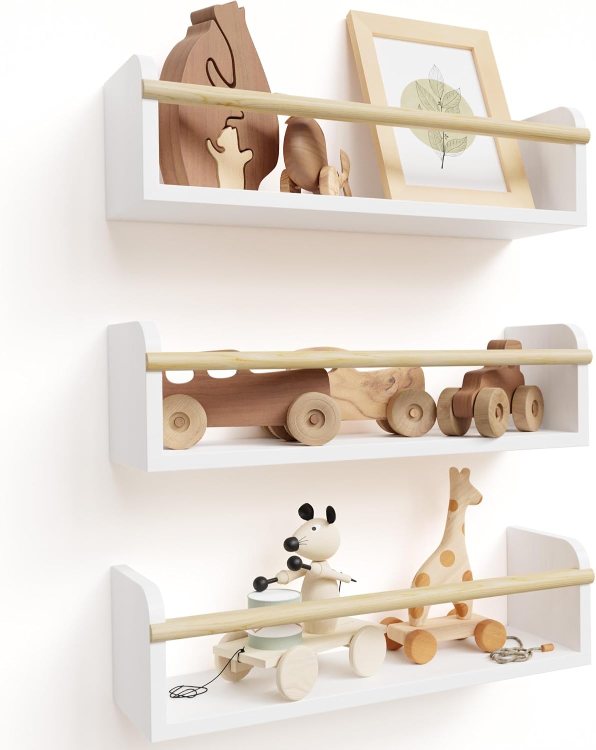 Decorative Nursery Bookshelves for Kids - Set of 3 Easy to Install Floating Shelves for Wall Mount - Beautiful Hanging Organizer Furniture for Your Baby Boy or Girl's Bedroom and Play Room Decor - Grand Goldman
