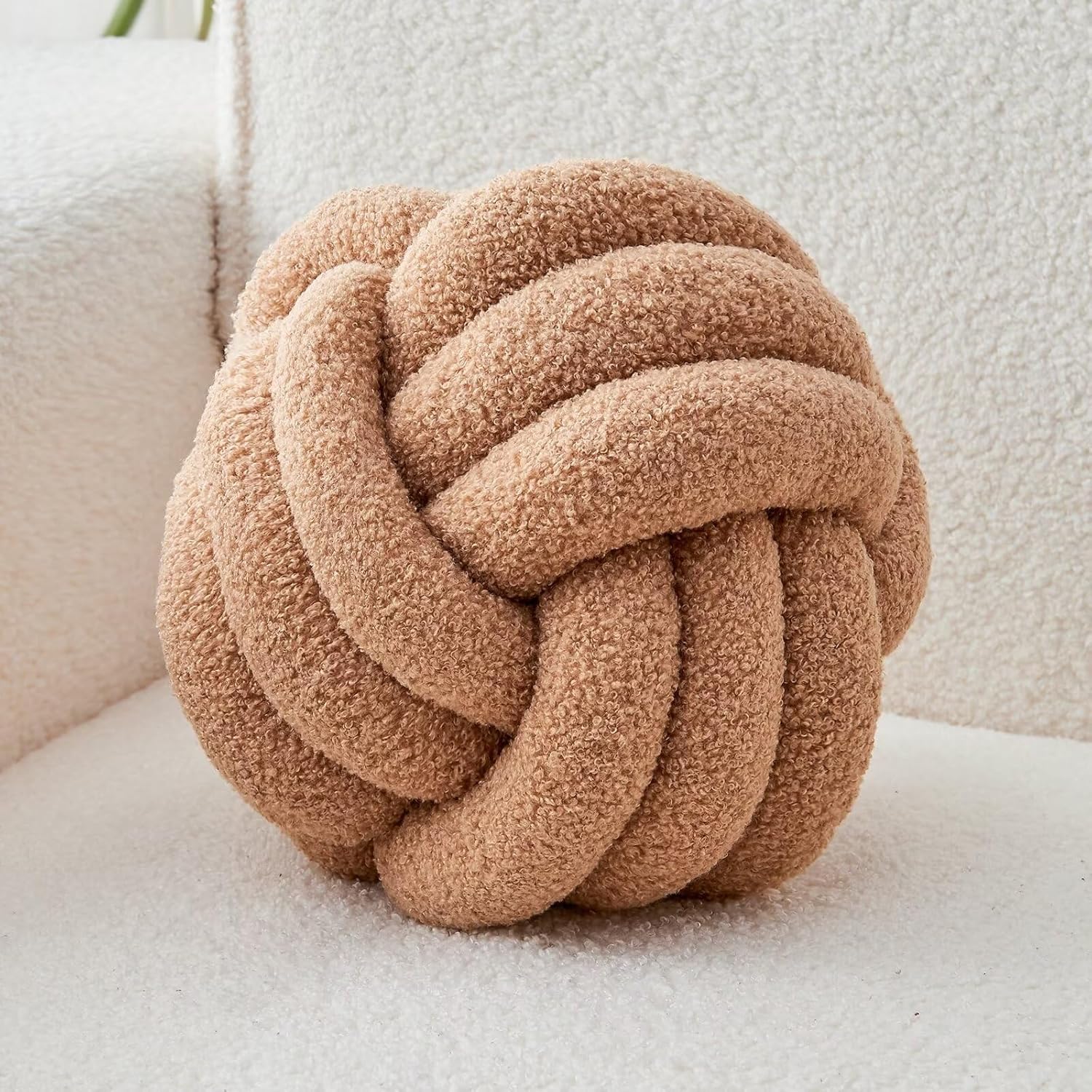 Decorative Throw Knot Pillow Ball for Home Chair Sofa Couch Bed Aesthetic Round Decor Pillows Lambswool Knotted Pillow Cushion (Beige, 8.7inches) - Grand Goldman