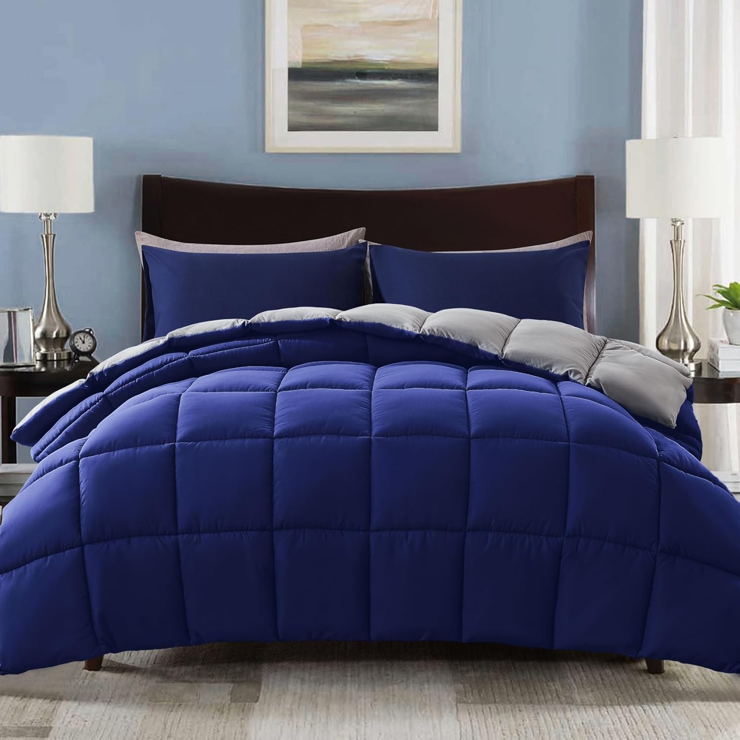 Decroom Lightweight Full Comforter Set with 2 Pillow Sham - 3 Pieces Set - Quilted Down Alternative Comforter/Duvet Insert for All Season - Blue/Grey - Full Size - Grand Goldman