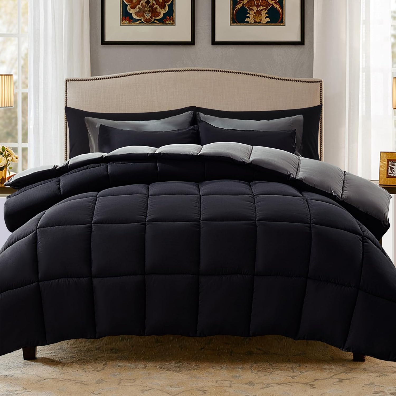 Decroom Lightweight Full Comforter Set with 2 Pillow Sham - 3 Pieces Set - Quilted Down Alternative Comforter/Duvet Insert for All Season - Blue/Grey - Full Size - Grand Goldman