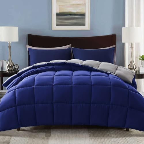 Decroom Lightweight Full Comforter Set with 2 Pillow Sham - 3 Pieces Set - Quilted Down Alternative Comforter/Duvet Insert for All Season - Blue/Grey - Full Size - Grand Goldman