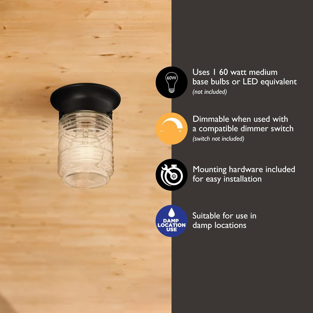 Design House 587220 Jelly Jar 1-Light Indoor/Outdoor Flush Mount Ceiling Light, Black - Grand Goldman