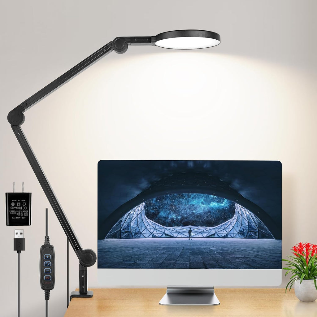 Desk Clip on Lamp for Reading Home Office, 10 Dimmable Brightness 3 Modes, Clamp Light for Bed Headboard, Craft - Grand Goldman