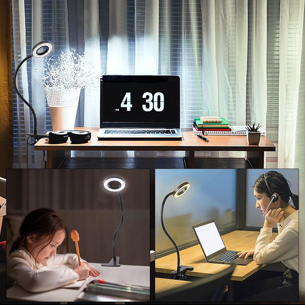 Desk Clip on Lamp for Reading Home Office, 10 Dimmable Brightness 3 Modes, Clamp Light for Bed Headboard, Craft - Grand Goldman