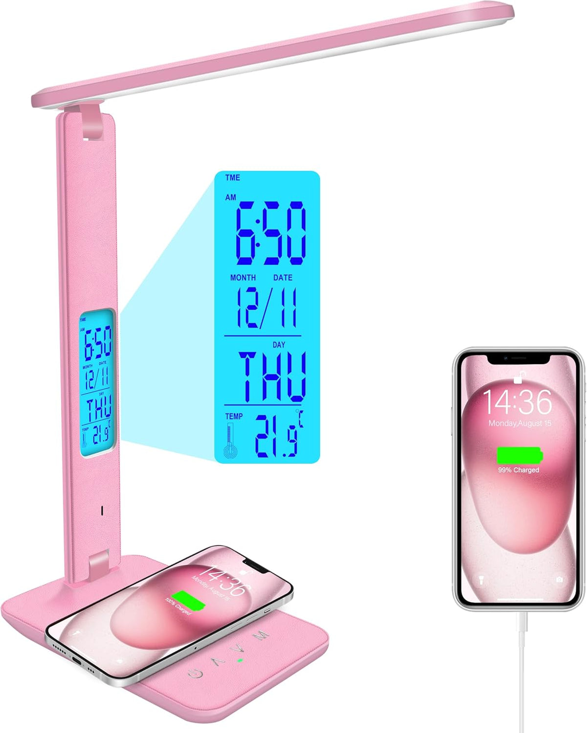 Desk Lamp with Wireless Charger, USB Charging Port, Dimmable Office Desk Light with Clock, Alarm, Date, Temperature, Foldable Lamp for Table Bedroom Bedside Office (White) - Grand Goldman