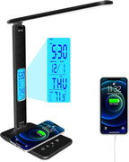 Desk Lamp with Wireless Charger, USB Charging Port, Dimmable Office Desk Light with Clock, Alarm, Date, Temperature, Foldable Lamp for Table Bedroom Bedside Office (White) - Grand Goldman