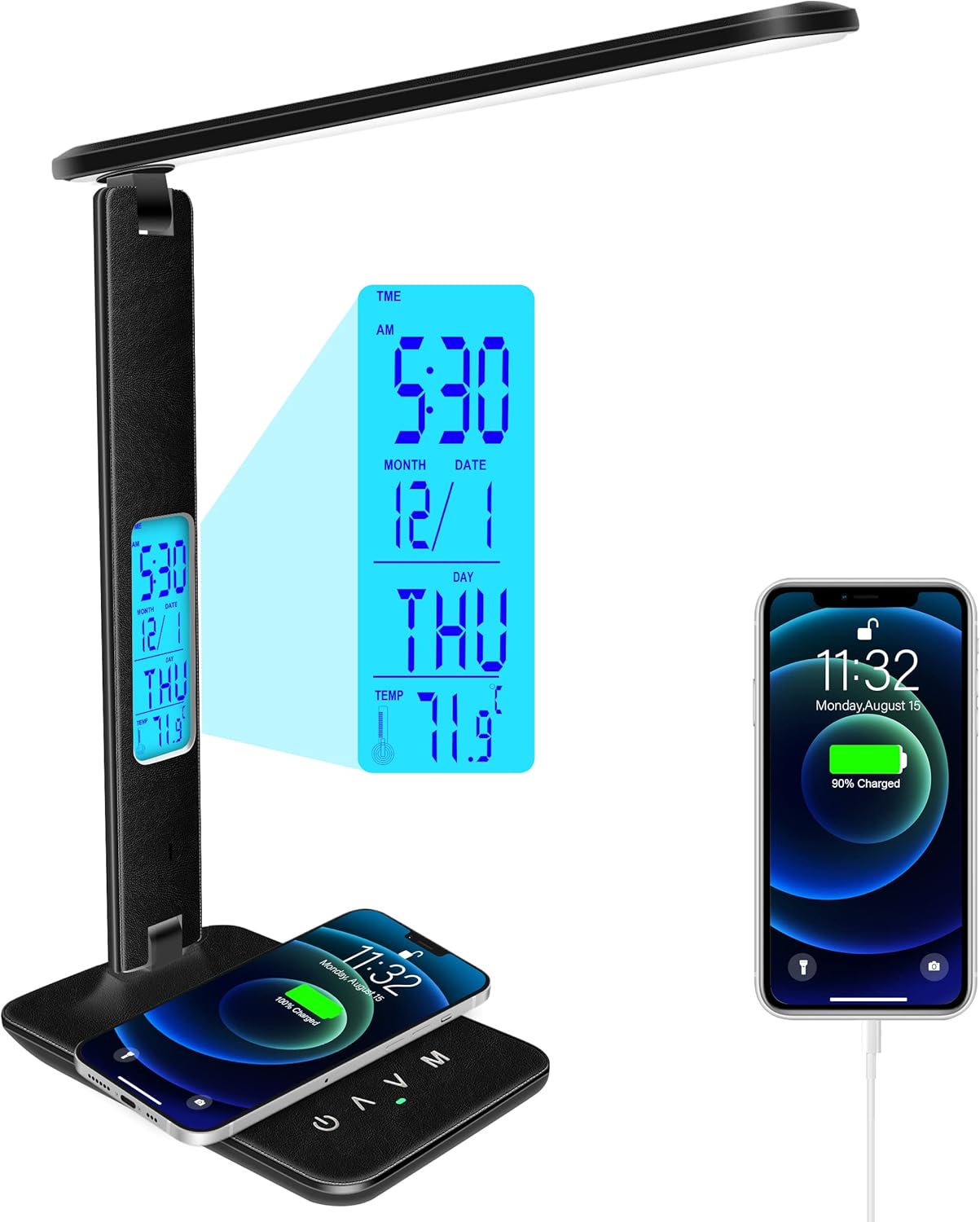 Desk Lamp with Wireless Charger, USB Charging Port, Dimmable Office Desk Light with Clock, Alarm, Date, Temperature, Foldable Lamp for Table Bedroom Bedside Office (White) - Grand Goldman