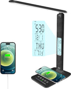 Desk Lamp with Wireless Charger, USB Charging Port, Dimmable Office Desk Light with Clock, Alarm, Date, Temperature, Foldable Lamp for Table Bedroom Bedside Office (White) - Grand Goldman