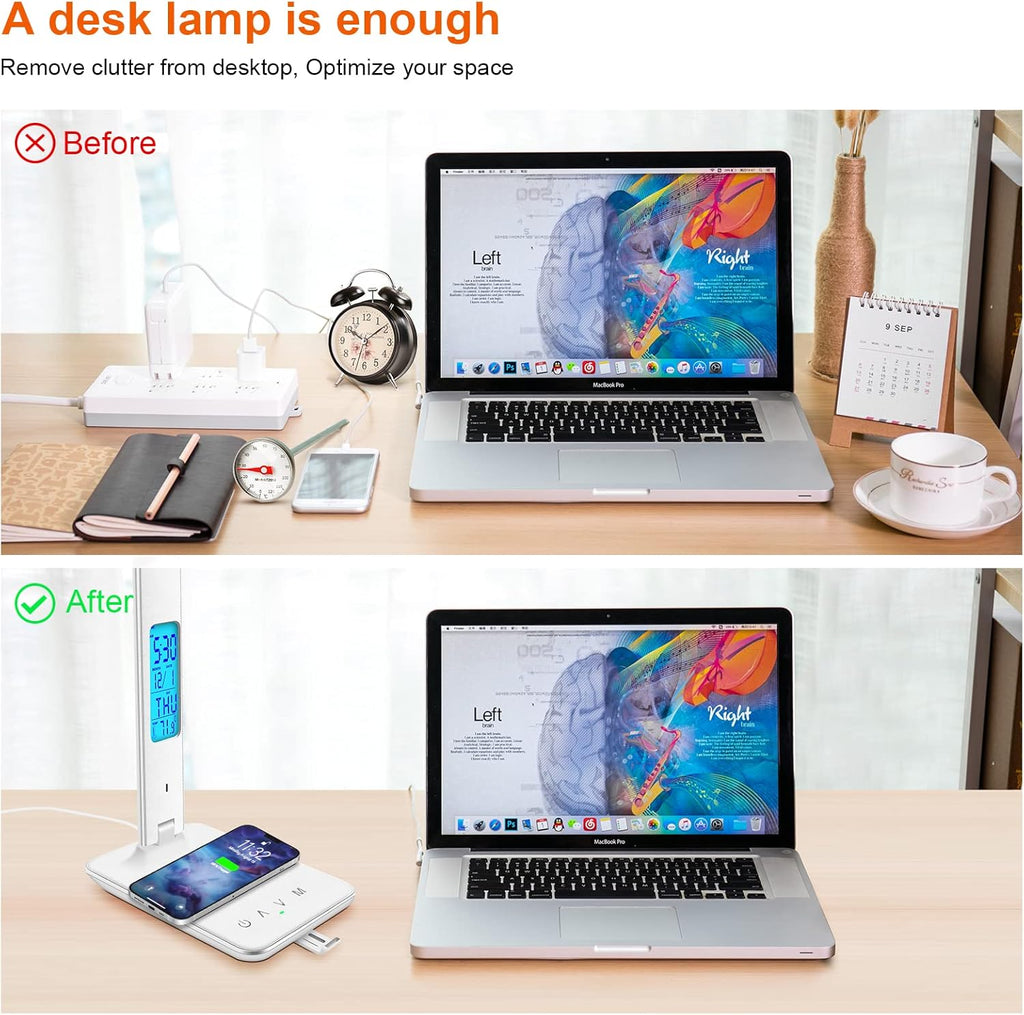 Desk Lamp with Wireless Charger, USB Charging Port, Dimmable Office Desk Light with Clock, Alarm, Date, Temperature, Foldable Lamp for Table Bedroom Bedside Office (White) - Grand Goldman