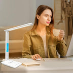Desk Lamp with Wireless Charger, USB Charging Port, Dimmable Office Desk Light with Clock, Alarm, Date, Temperature, Foldable Lamp for Table Bedroom Bedside Office (White) - Grand Goldman