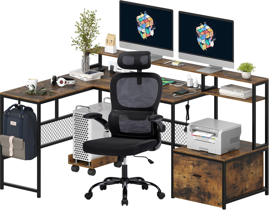 Desk and Chair Set,Computer Desk with Chair Combo Set,Home Office Furniture Sets,Home Office Desk Chairs and L Shaped Desk,Office Desk with Drawers & Mesh Ergonomic Desk Chair, Brown & Black - Grand Goldman