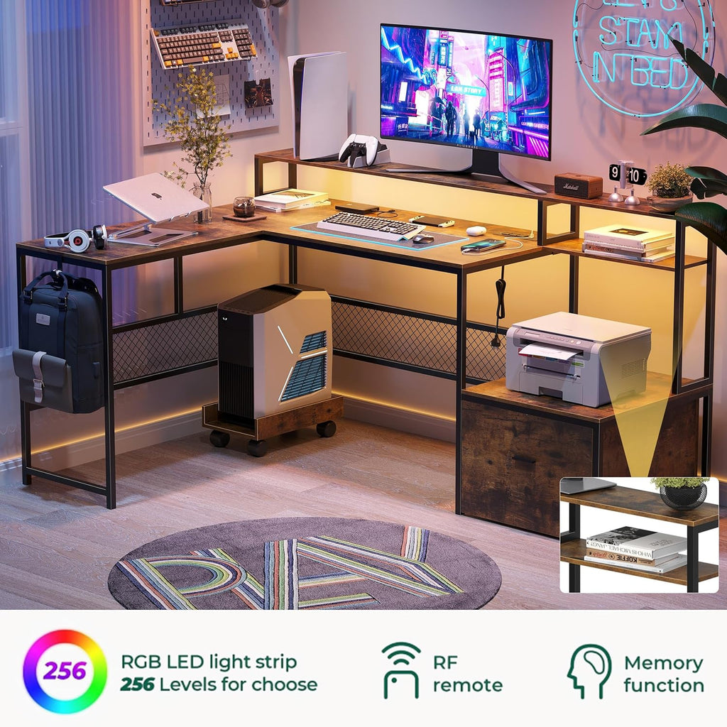 Desk and Chair Set,Computer Desk with Chair Combo Set,Home Office Furniture Sets,Home Office Desk Chairs and L Shaped Desk,Office Desk with Drawers & Mesh Ergonomic Desk Chair, Brown & Black - Grand Goldman