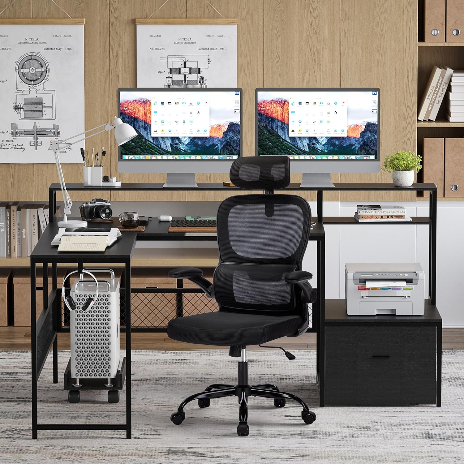 Desk and Chair Set,Computer Desk with Chair Combo Set,Home Office Furniture Sets,Home Office Desk Chairs and L Shaped Desk,Office Desk with Drawers & Mesh Ergonomic Desk Chair, Brown & Black - Grand Goldman