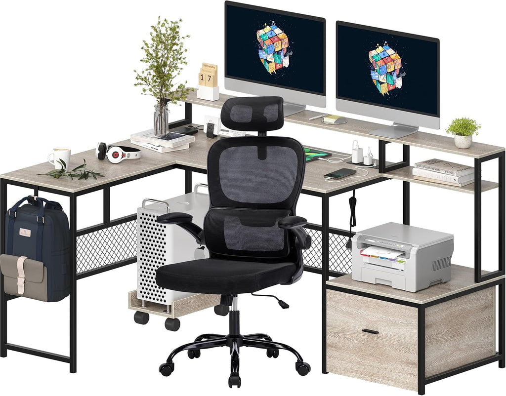 Desk and Chair Set,Computer Desk with Chair Combo Set,Home Office Furniture Sets,Home Office Desk Chairs and L Shaped Desk,Office Desk with Drawers & Mesh Ergonomic Desk Chair, Brown & Black - Grand Goldman