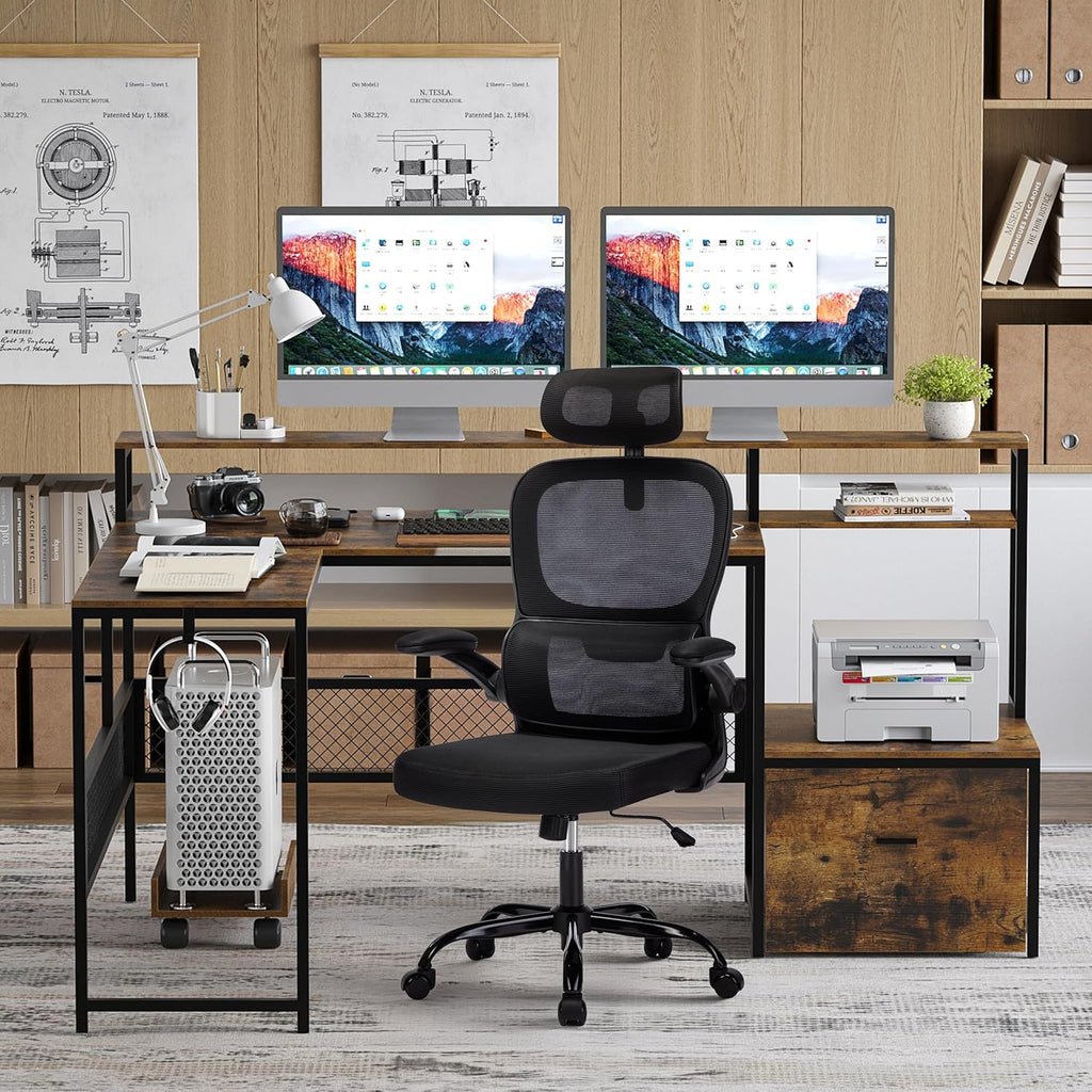 Desk and Chair Set,Computer Desk with Chair Combo Set,Home Office Furniture Sets,Home Office Desk Chairs and L Shaped Desk,Office Desk with Drawers & Mesh Ergonomic Desk Chair, Brown & Black - Grand Goldman