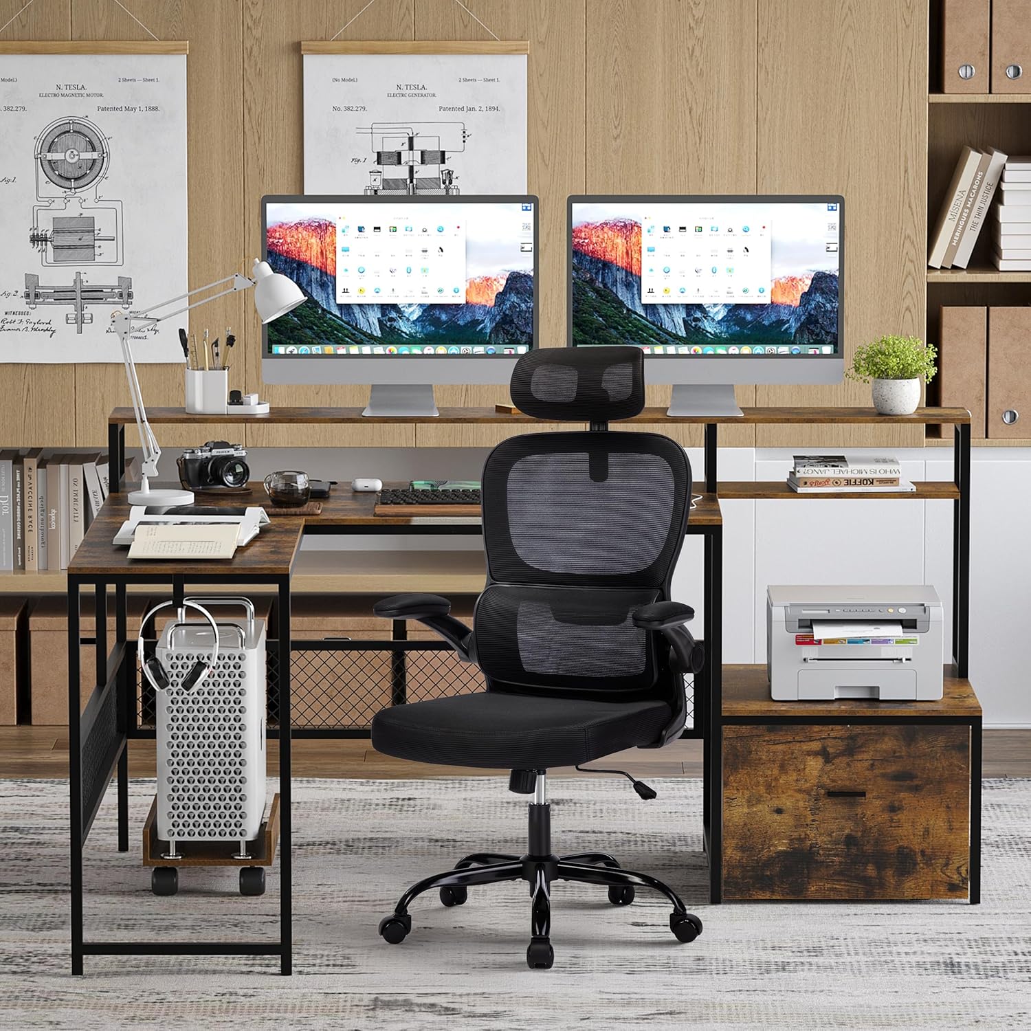 Desk and Chair Set,Computer Desk with Chair Combo Set,Home Office Furniture Sets,Home Office Desk Chairs and L Shaped Desk,Office Desk with Drawers & Mesh Ergonomic Desk Chair, Brown & Black - Grand Goldman