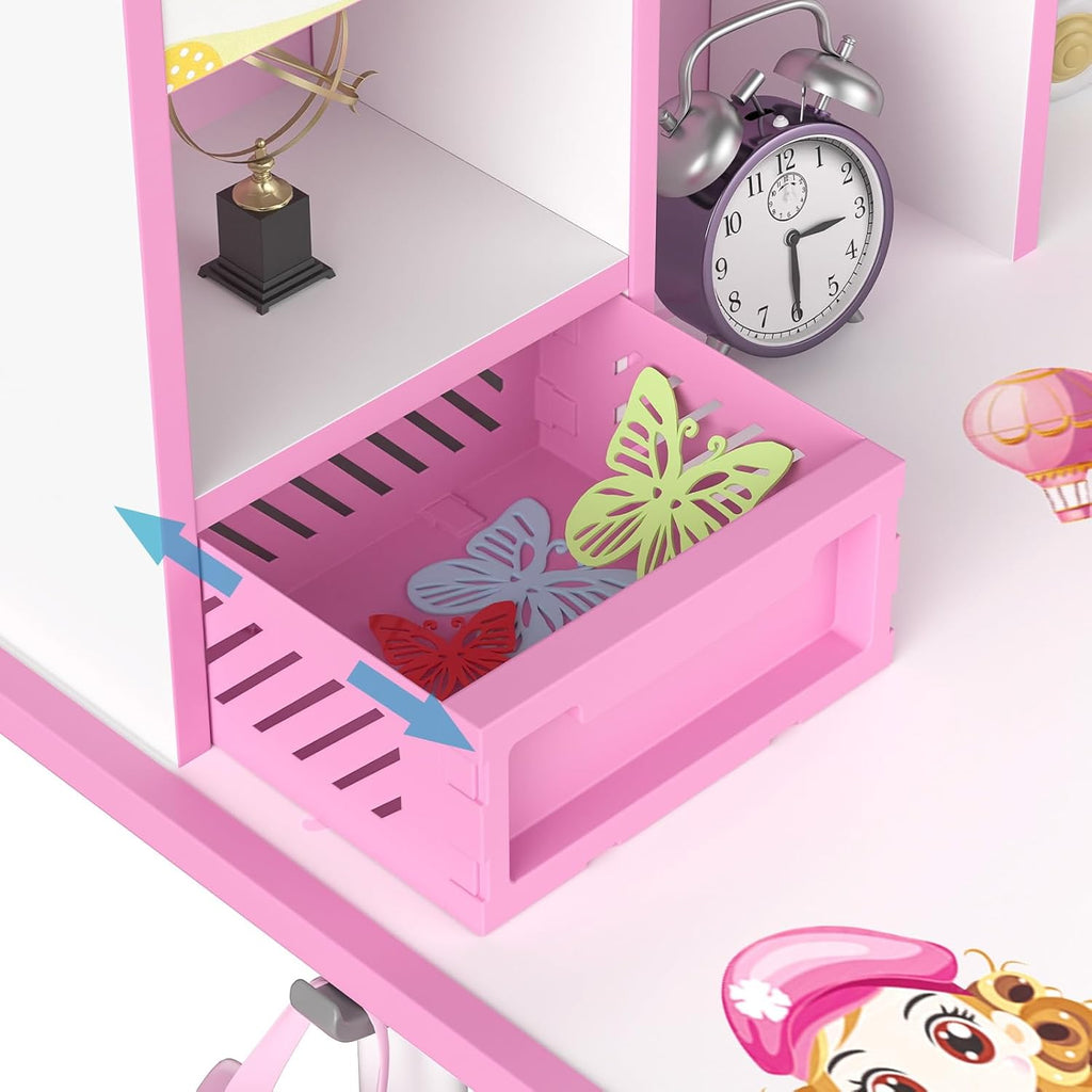 Desk for Kids, Pink Kids Desk and Chair Set Adjustable Height with Drawers and Storage, Cartoon Pattern Kids Desk for Girls, Curved Desktop School Study Desk for Kids - Grand Goldman