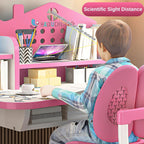 Desk for Kids, Pink Kids Desk and Chair Set Adjustable Height with Drawers and Storage, Cartoon Pattern Kids Desk for Girls, Curved Desktop School Study Desk for Kids - Grand Goldman
