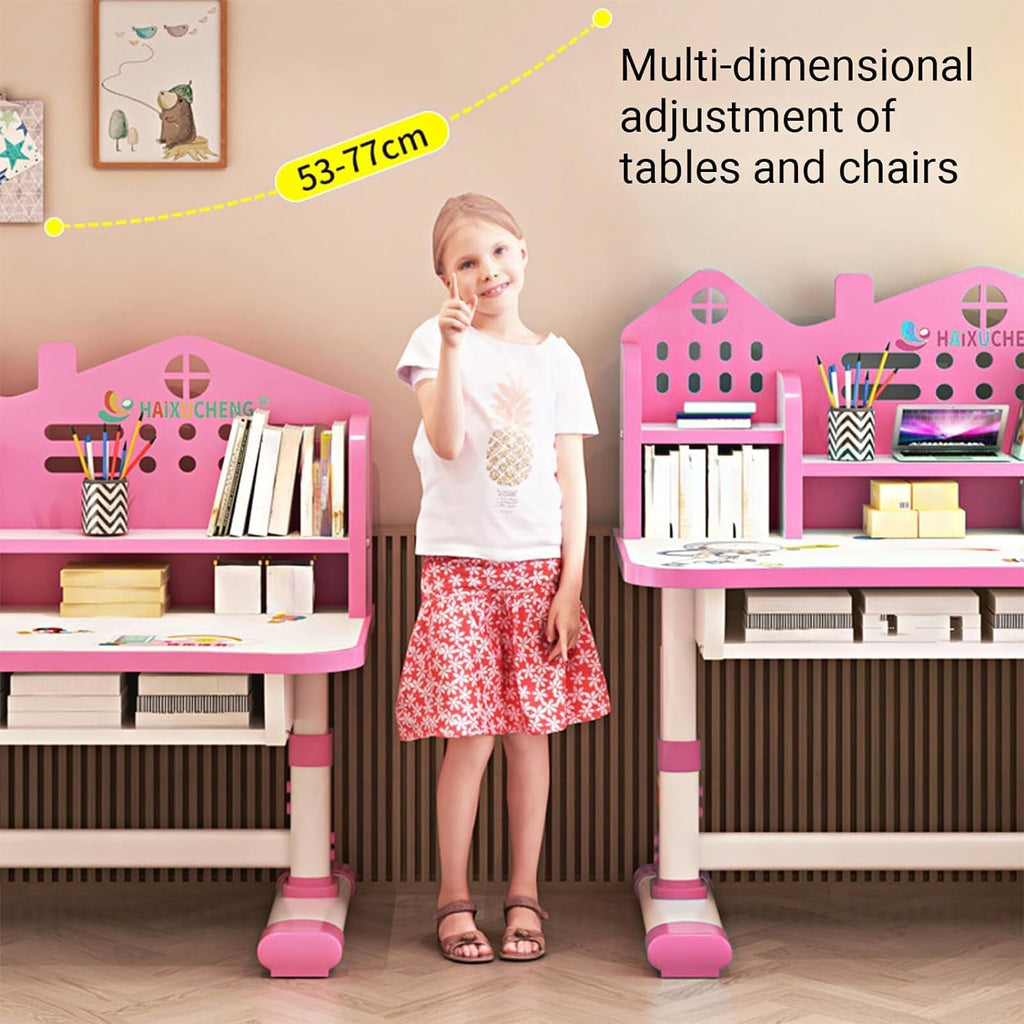 Desk for Kids, Pink Kids Desk and Chair Set Adjustable Height with Drawers and Storage, Cartoon Pattern Kids Desk for Girls, Curved Desktop School Study Desk for Kids - Grand Goldman