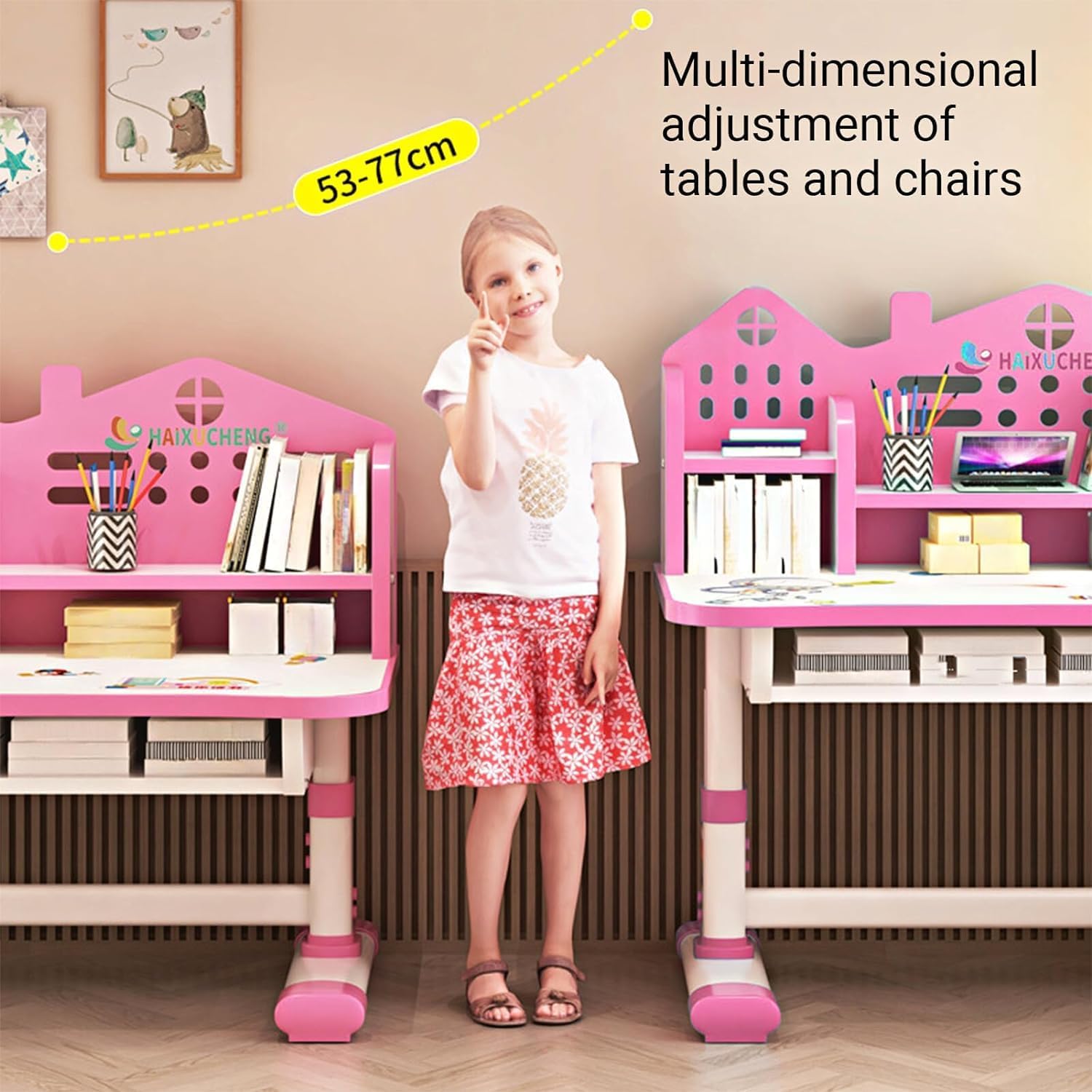 Desk for Kids, Pink Kids Desk and Chair Set Adjustable Height with Drawers and Storage, Cartoon Pattern Kids Desk for Girls, Curved Desktop School Study Desk for Kids - Grand Goldman