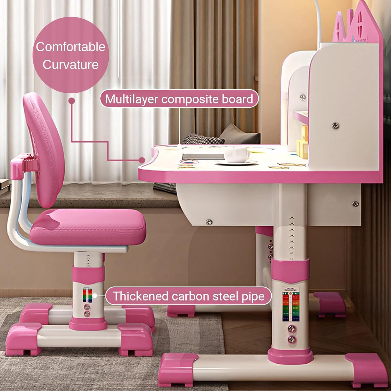 Desk for Kids, Pink Kids Desk and Chair Set Adjustable Height with Drawers and Storage, Cartoon Pattern Kids Desk for Girls, Curved Desktop School Study Desk for Kids - Grand Goldman