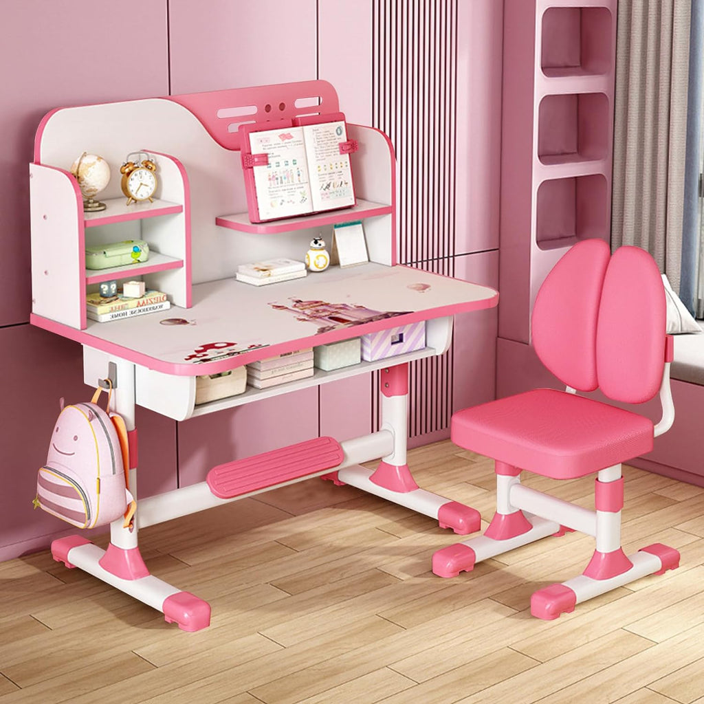 Desk for Kids, Pink Kids Desk and Chair Set Adjustable Height with Drawers and Storage, Cartoon Pattern Kids Desk for Girls, Curved Desktop School Study Desk for Kids - Grand Goldman