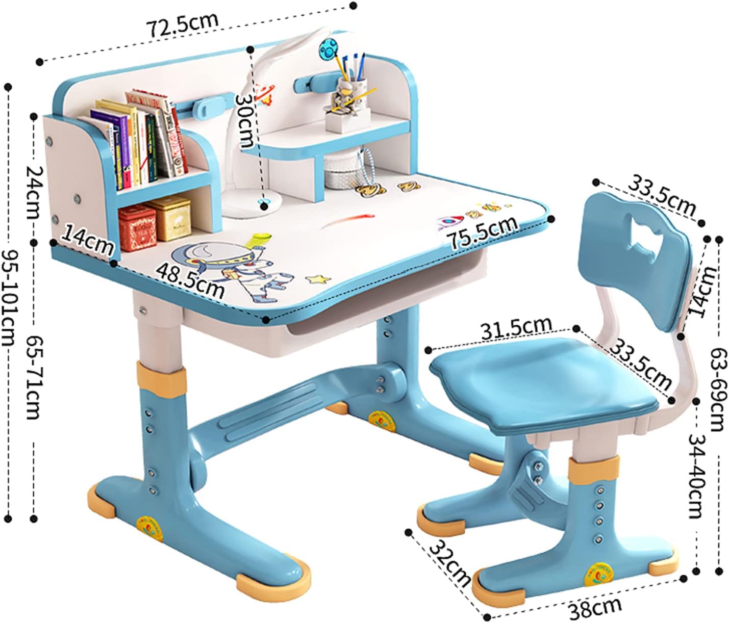 Desk for Kids, Pink Kids Desk and Chair Set Adjustable Height with Drawers and Storage, Cartoon Pattern Kids Desk for Girls, Curved Desktop School Study Desk for Kids - Grand Goldman