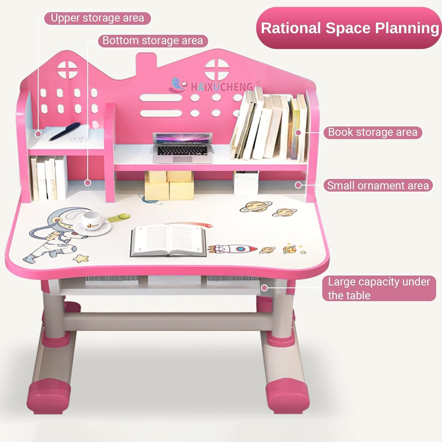 Desk for Kids, Pink Kids Desk and Chair Set Adjustable Height with Drawers and Storage, Cartoon Pattern Kids Desk for Girls, Curved Desktop School Study Desk for Kids - Grand Goldman