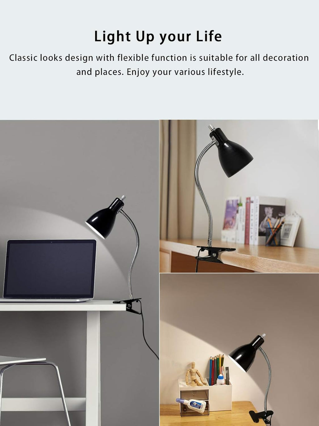 Desk lamp Eye-Caring Table Lamps, 360°Rotation Gooseneck Clip on Lamp Reading Light Portable Reading Book Light, Clamp Light, Study Desk Lamps for Bedroom and Office Home Lighting (Black) - Grand Goldman