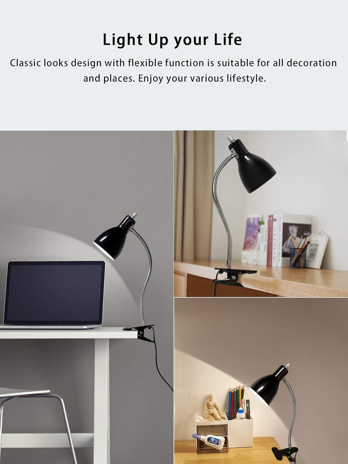 Desk lamp Eye-Caring Table Lamps, 360°Rotation Gooseneck Clip on Lamp Reading Light Portable Reading Book Light, Clamp Light, Study Desk Lamps for Bedroom and Office Home Lighting (Black) - Grand Goldman