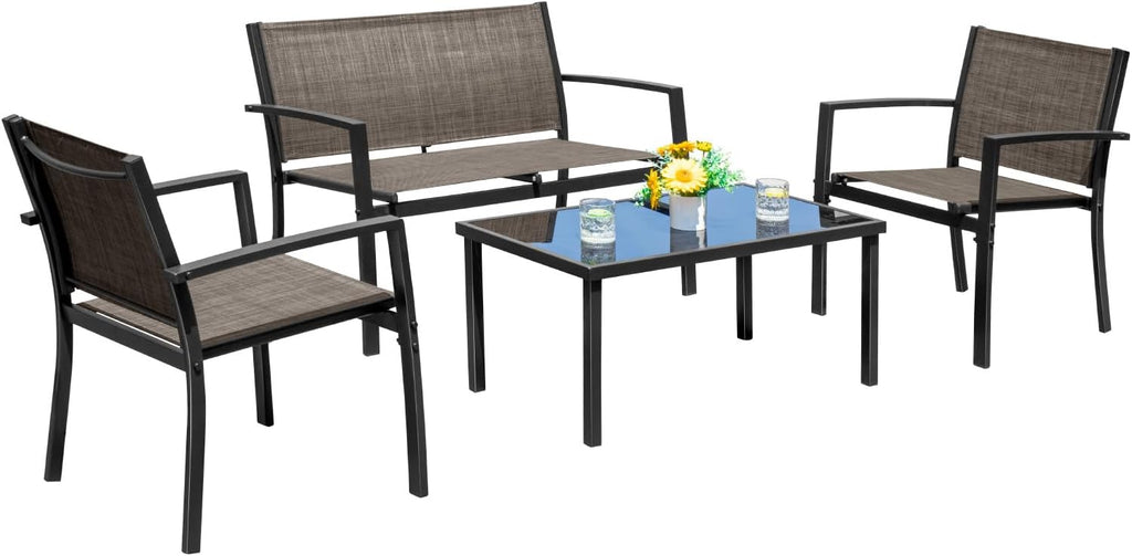 Devoko 4 Pieces Patio Furniture Set Outdoor Garden Patio Conversation Sets Poolside Lawn Chairs with Glass Coffee Table Porch Furniture (Black) - Grand Goldman