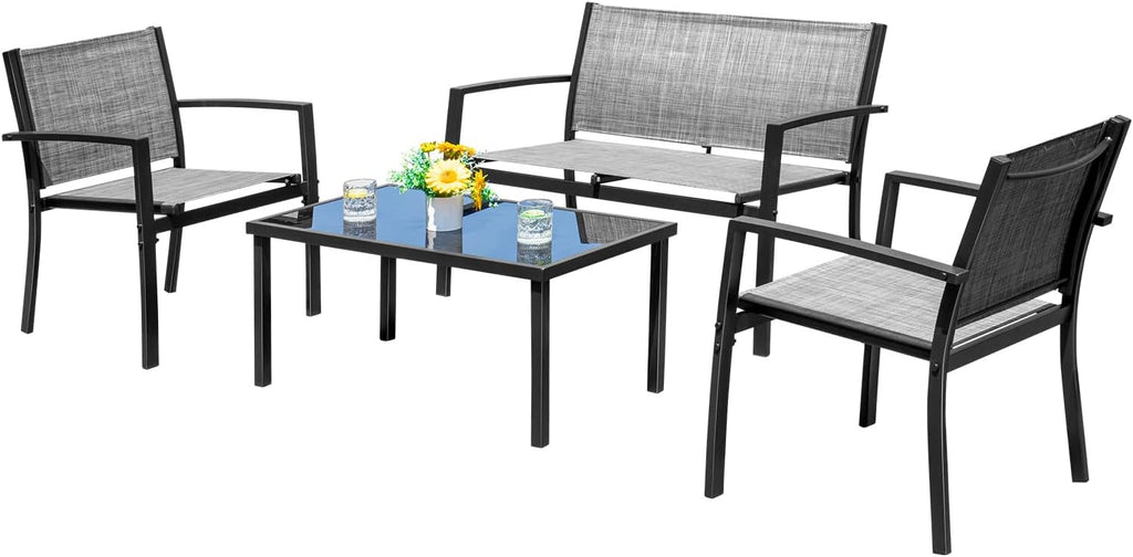 Devoko 4 Pieces Patio Furniture Set Outdoor Garden Patio Conversation Sets Poolside Lawn Chairs with Glass Coffee Table Porch Furniture (Black) - Grand Goldman