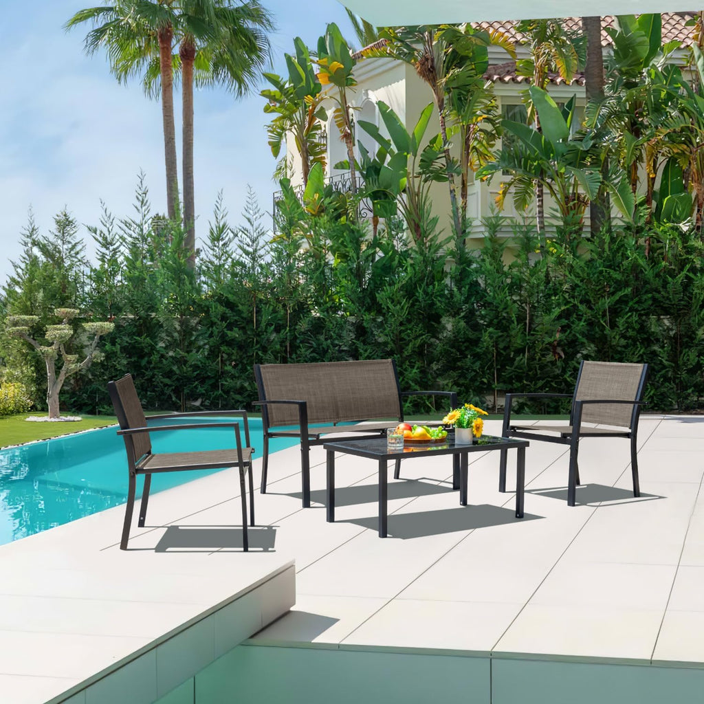 Devoko 4 Pieces Patio Furniture Set Outdoor Garden Patio Conversation Sets Poolside Lawn Chairs with Glass Coffee Table Porch Furniture (Black) - Grand Goldman
